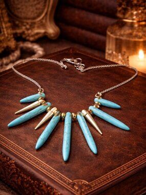 Vintage 1980s Turquoise Spike Necklace Gold Tone Statement Fringe Bib